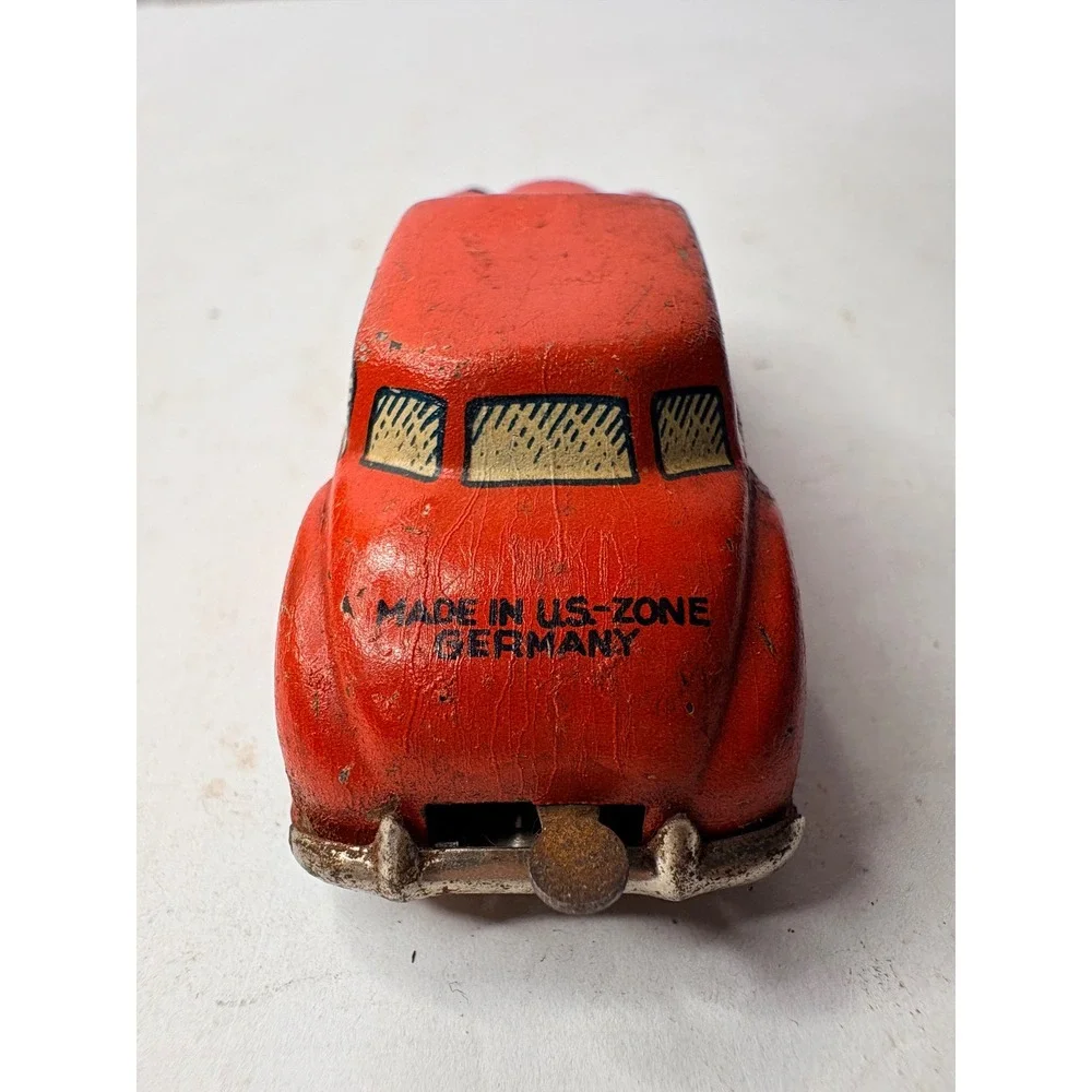 Vintage Red Tin Litho Toy Car Made in US Zone Germany Post-War Collectible 2.75